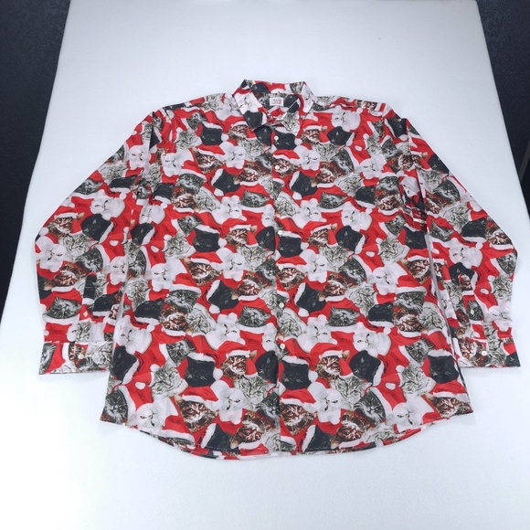 North Pole Trading Co Mens 3 Xtra Large Button Down Shirt Christmas Cat Print‎ - Picture 1 of 11